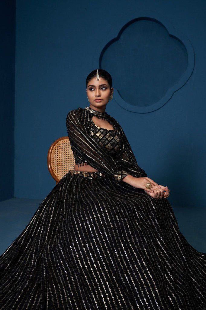 Black Premium Georgette Semi-Stitched Lehenga with Zari, Sequins & Embroidery Work and Unstitched Matching Blouse ClothsVilla