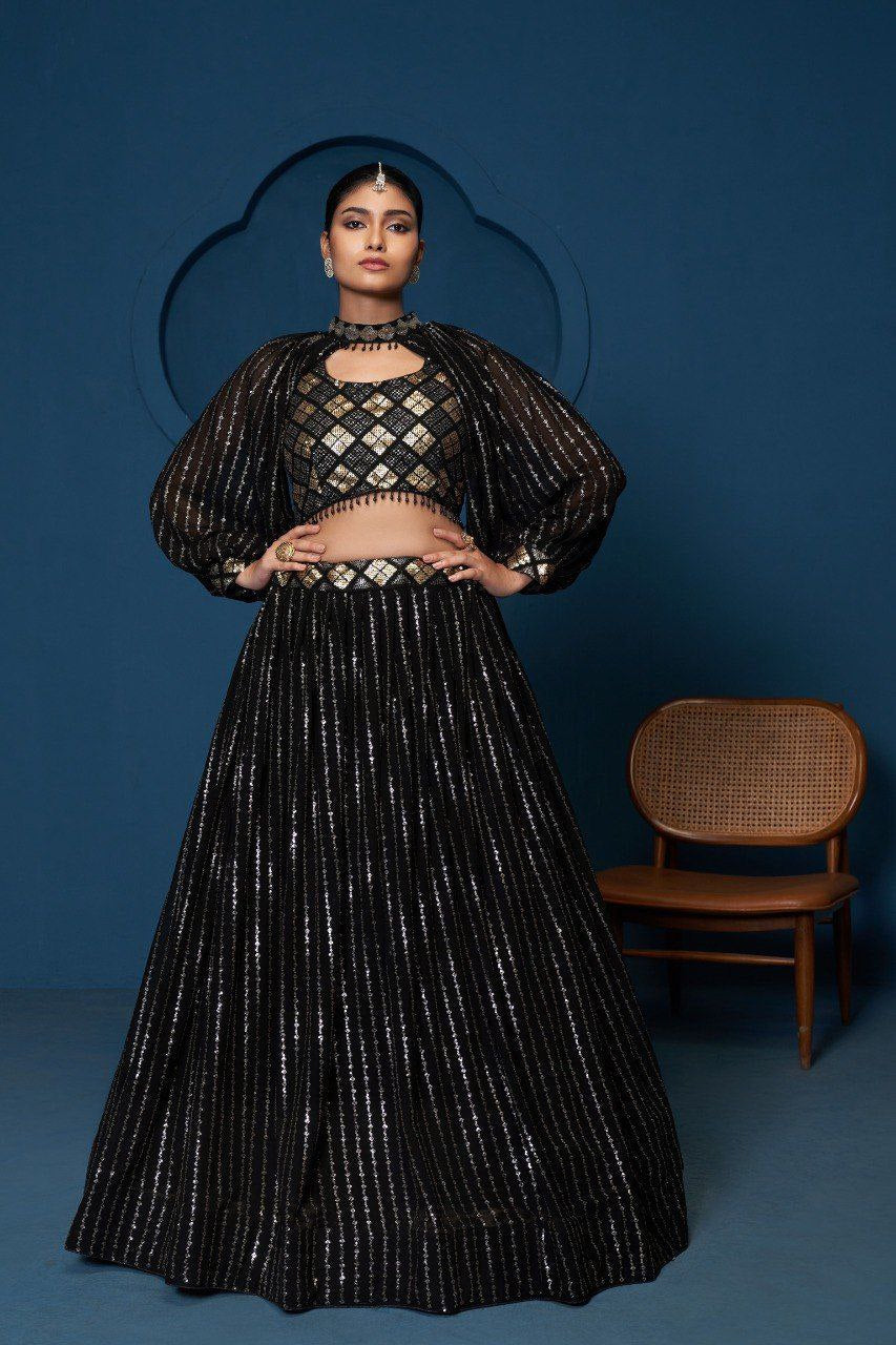 Black Premium Georgette Semi-Stitched Lehenga with Zari, Sequins & Embroidery Work and Unstitched Matching Blouse ClothsVilla Main image