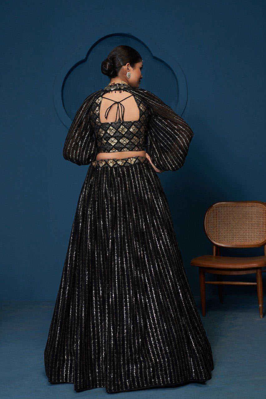 Black Premium Georgette Semi-Stitched Lehenga with Zari, Sequins & Embroidery Work and Unstitched Matching Blouse ClothsVilla