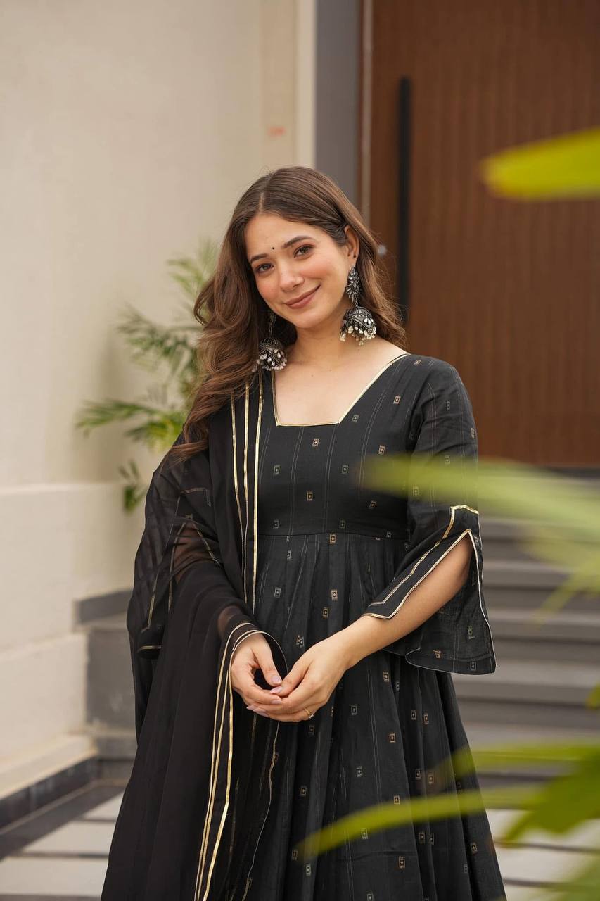 Black Premium Maslin Digital Print Kurta Set with Micro Cotton Pants & Faux Blooming Dupatta ClothsVilla