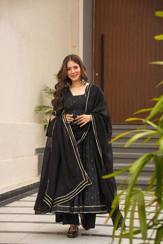 Black Premium Maslin Digital Print Kurta Set with Micro Cotton Pants & Faux Blooming Dupatta ClothsVilla