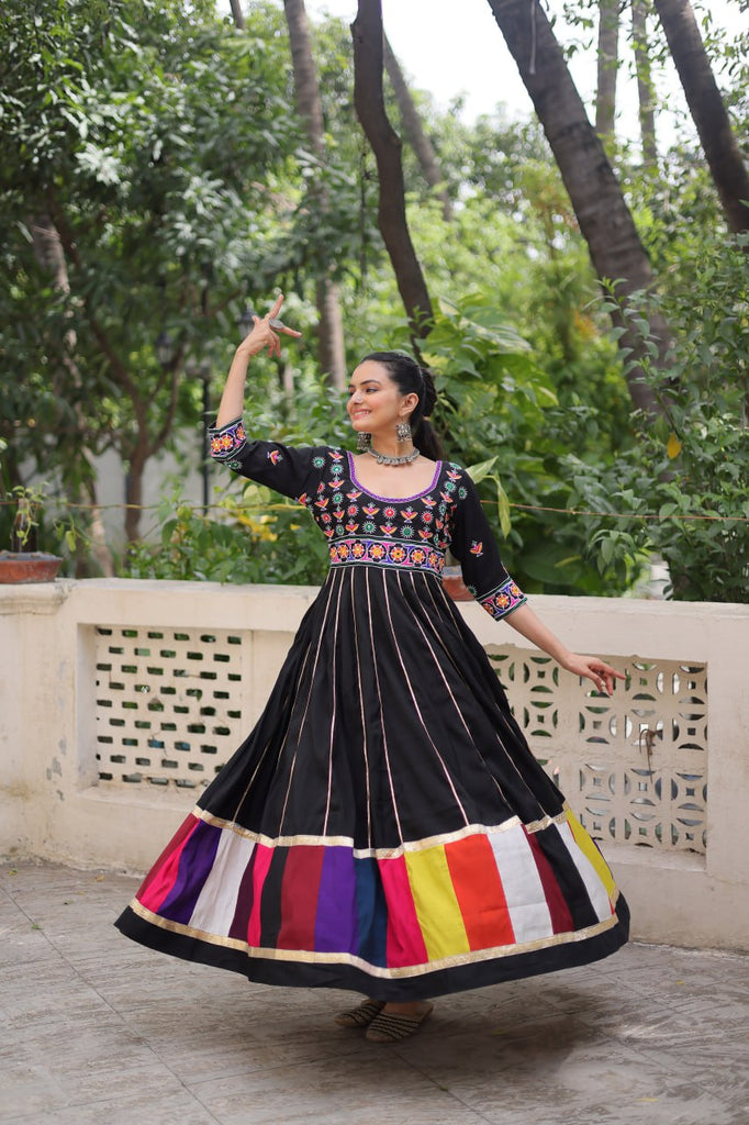 Black Premium Roman Fabric Gown with Multicolour Thread & Gota Lace Embellishments ClothsVilla