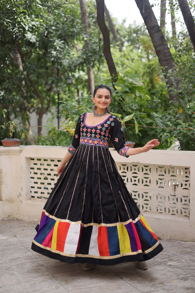 Black Premium Roman Fabric Gown with Multicolour Thread & Gota Lace Embellishments ClothsVilla