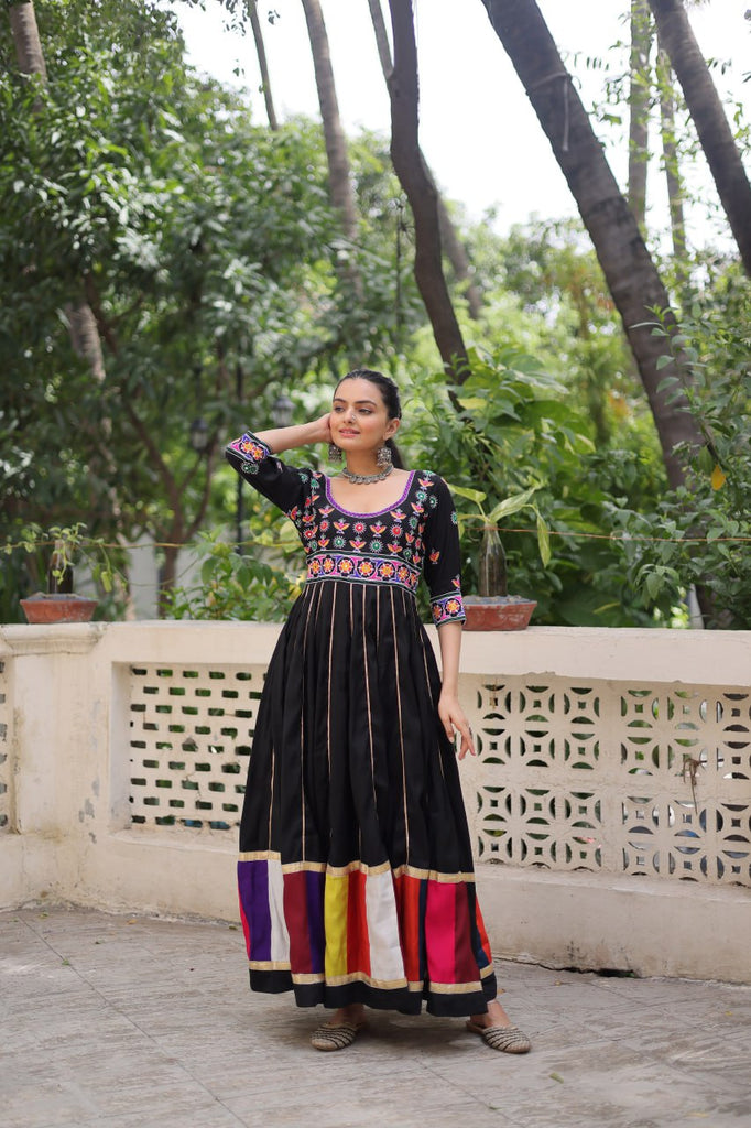Black Premium Roman Fabric Gown with Multicolour Thread & Gota Lace Embellishments ClothsVilla