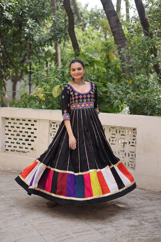 Black Premium Roman Fabric Gown with Multicolour Thread & Gota Lace Embellishments ClothsVilla