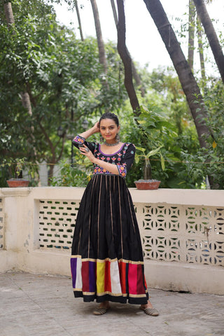 Black Premium Roman Fabric Gown with Multicolour Thread & Gota Lace Embellishments ClothsVilla