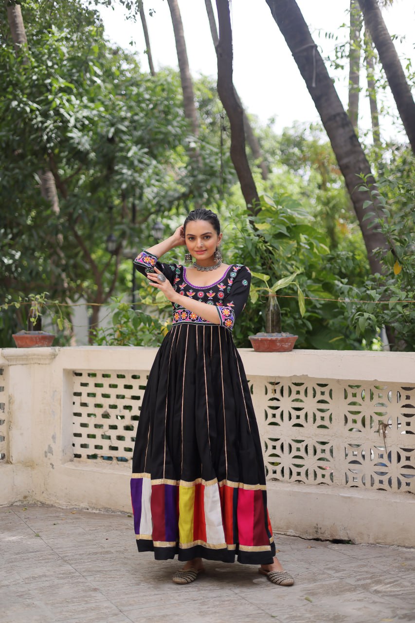 Black Premium Roman Fabric Gown with Multicolour Thread & Gota Lace Embellishments ClothsVilla