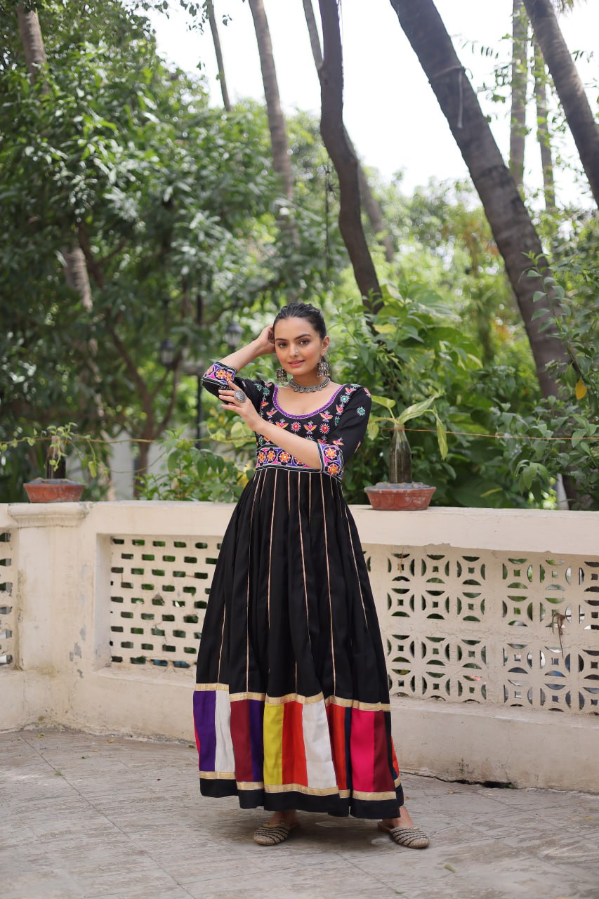 Black Premium Roman Fabric Gown with Multicolour Thread & Gota Lace Embellishments ClothsVilla