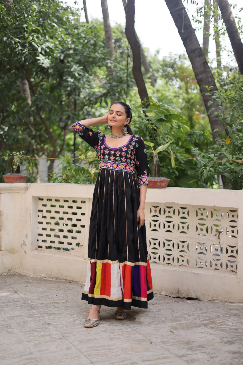 Black Premium Roman Fabric Gown with Multicolour Thread & Gota Lace Embellishments ClothsVilla