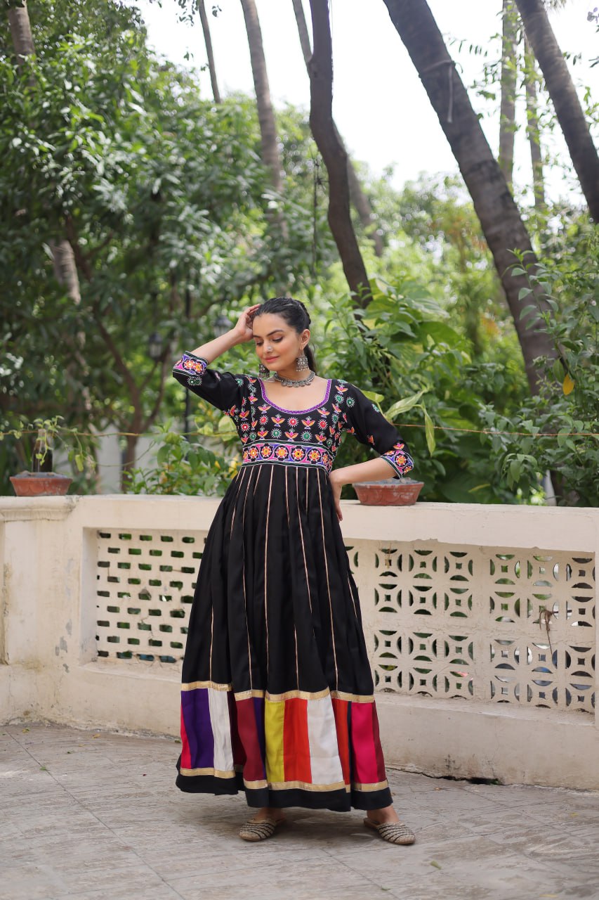 Black Premium Roman Fabric Gown with Multicolour Thread & Gota Lace Embellishments ClothsVilla