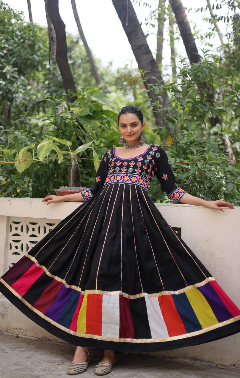 Black Premium Roman Fabric Gown with Multicolour Thread & Gota Lace Embellishments ClothsVilla
