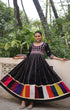Load image into Gallery viewer, Black Premium Roman Fabric Gown with Multicolour Thread &amp; Gota Lace Embellishments ClothsVilla