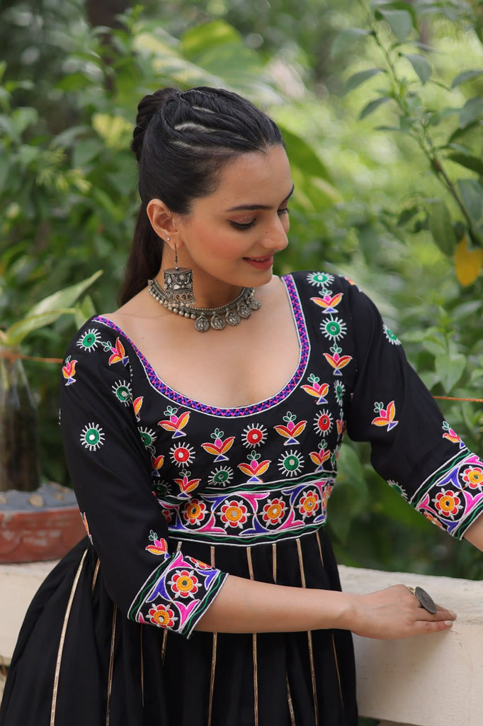 Black Premium Roman Fabric Gown with Multicolour Thread & Gota Lace Embellishments ClothsVilla