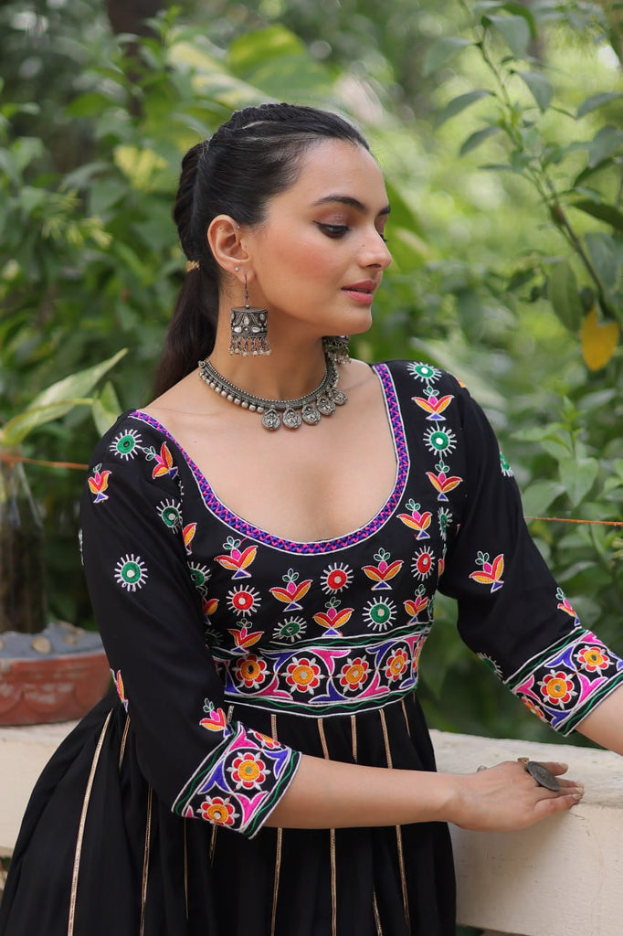 Black Premium Roman Fabric Gown with Multicolour Thread & Gota Lace Embellishments ClothsVilla