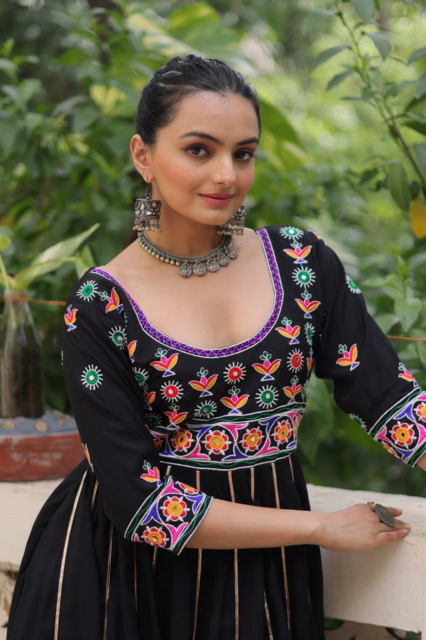 Black Premium Roman Fabric Gown with Multicolour Thread & Gota Lace Embellishments ClothsVilla