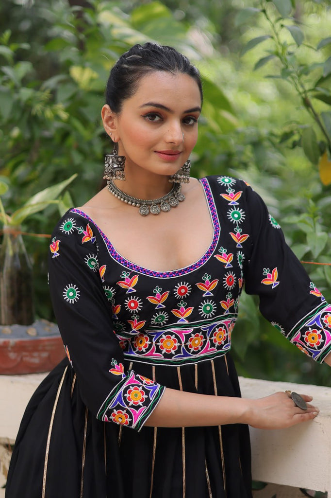 Black Premium Roman Fabric Gown with Multicolour Thread & Gota Lace Embellishments ClothsVilla