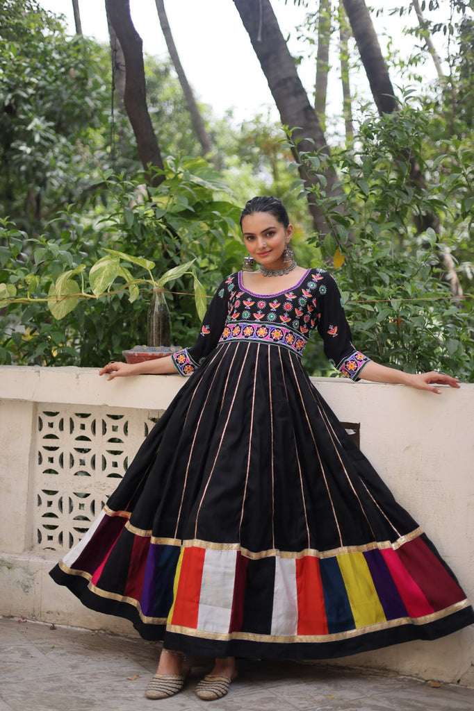 Black Premium Roman Fabric Gown with Multicolour Thread & Gota Lace Embellishments ClothsVilla