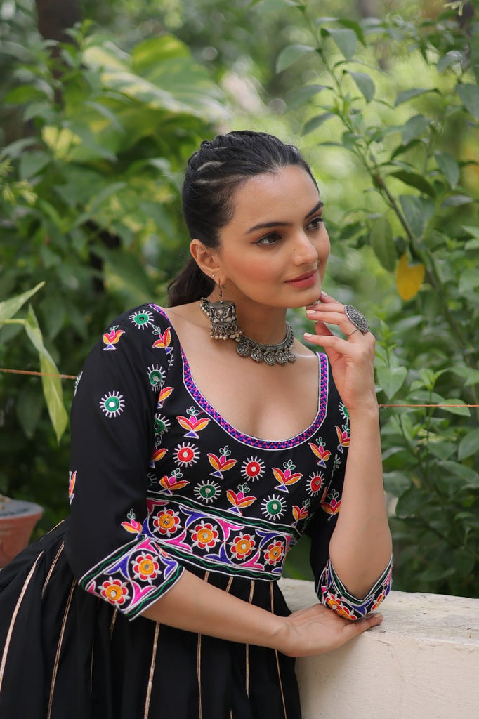 Black Premium Roman Fabric Gown with Multicolour Thread & Gota Lace Embellishments ClothsVilla