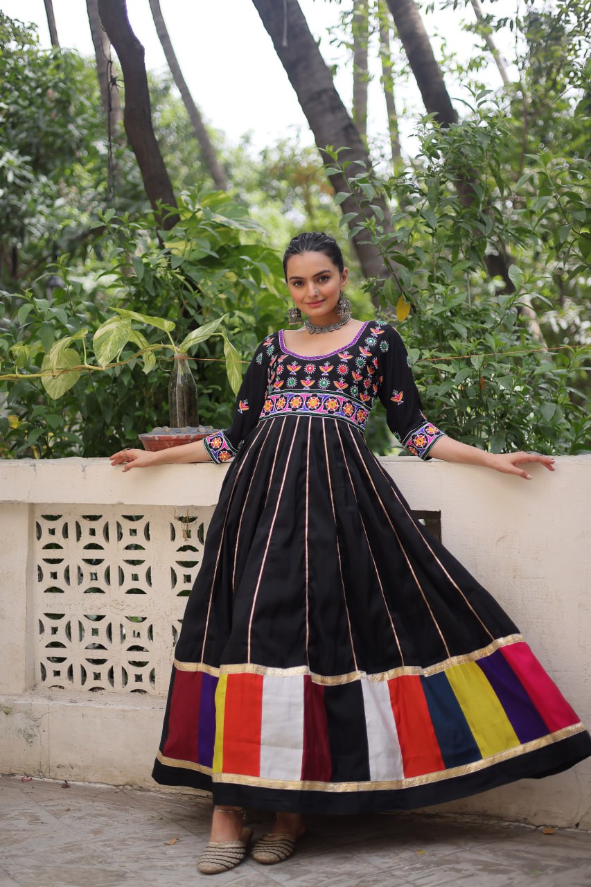 Black Premium Roman Fabric Gown with Multicolour Thread & Gota Lace Embellishments ClothsVilla