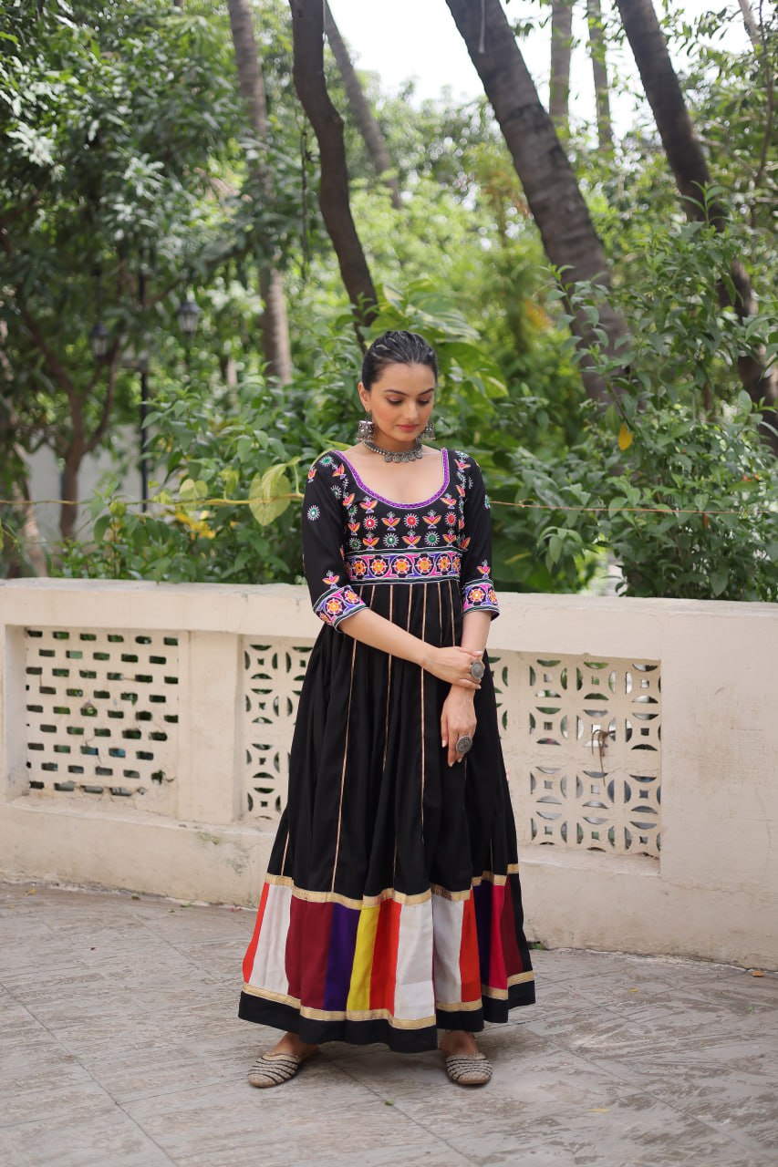 Black Premium Roman Fabric Gown with Multicolour Thread & Gota Lace Embellishments ClothsVilla