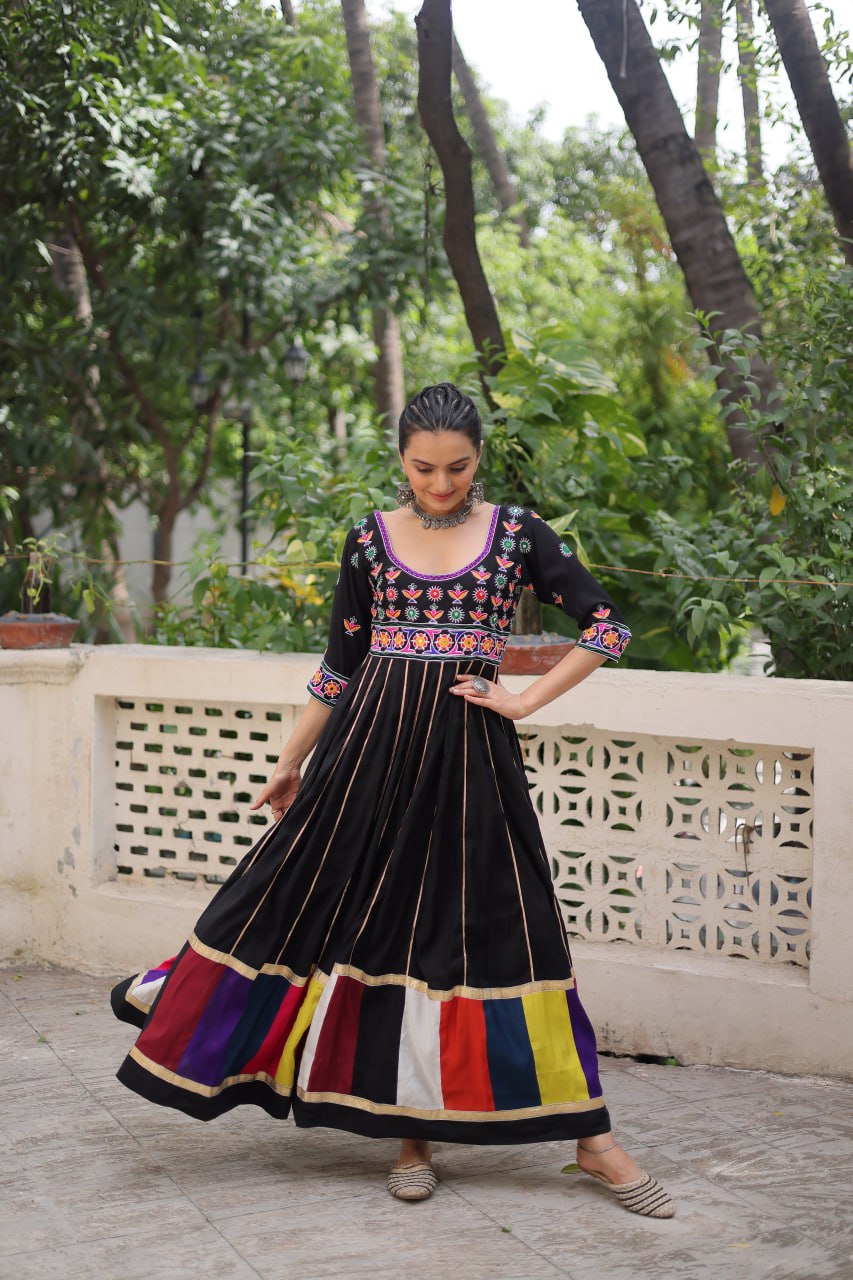 Black Premium Roman Fabric Gown with Multicolour Thread & Gota Lace Embellishments ClothsVilla