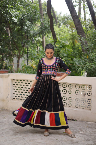 Black Premium Roman Fabric Gown with Multicolour Thread & Gota Lace Embellishments ClothsVilla