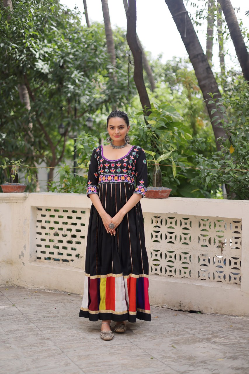 Black Premium Roman Fabric Gown with Multicolour Thread & Gota Lace Embellishments ClothsVilla