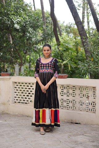 Black Premium Roman Fabric Gown with Multicolour Thread & Gota Lace Embellishments ClothsVilla