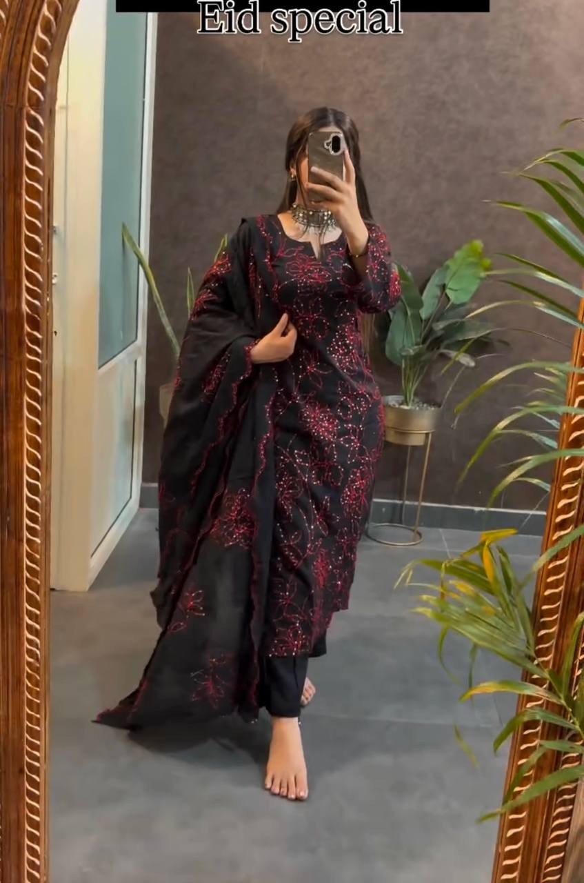 Black Premium Roman Silk Embroidered Suit Set with Cutwork Georgette Dupatta ClothsVilla