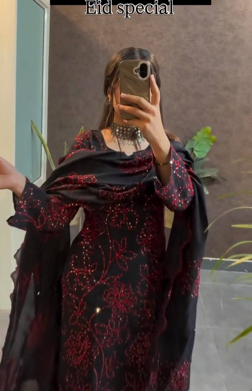 Black Premium Roman Silk Embroidered Suit Set with Cutwork Georgette Dupatta ClothsVilla