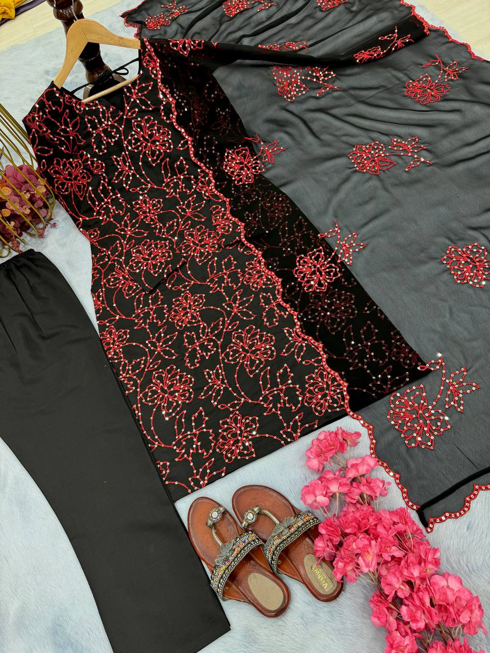 Black Premium Roman Silk Embroidered Suit Set with Cutwork Georgette Dupatta ClothsVilla