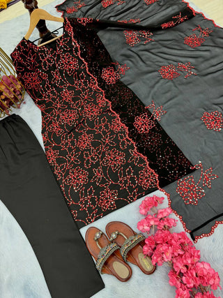 Black Premium Roman Silk Embroidered Suit Set with Cutwork Georgette Dupatta ClothsVilla
