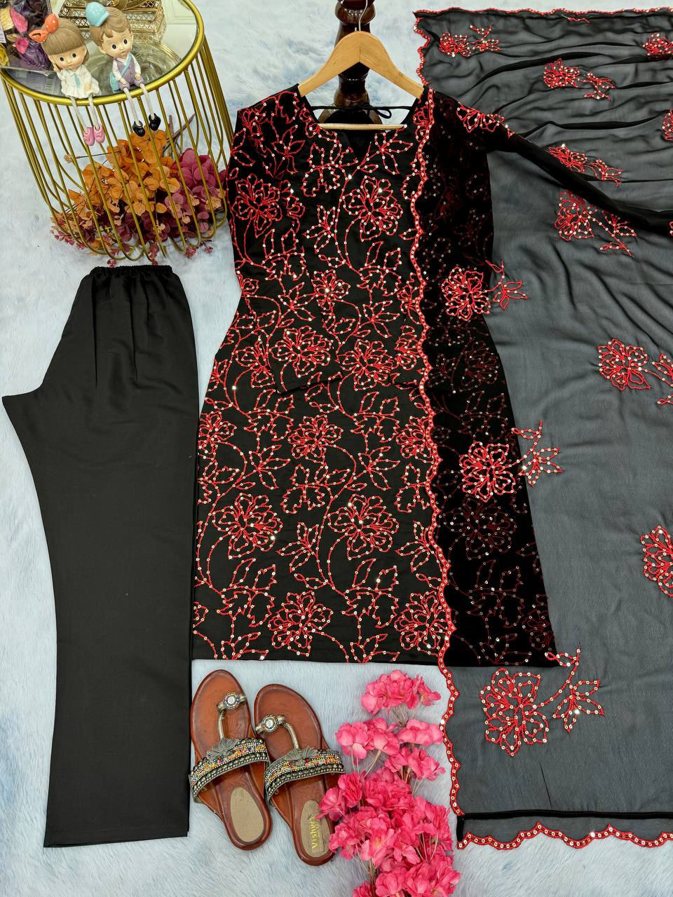 Black Premium Roman Silk Embroidered Suit Set with Cutwork Georgette Dupatta ClothsVilla
