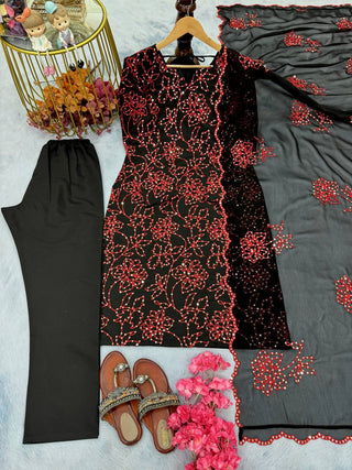 Black Premium Roman Silk Embroidered Suit Set with Cutwork Georgette Dupatta ClothsVilla