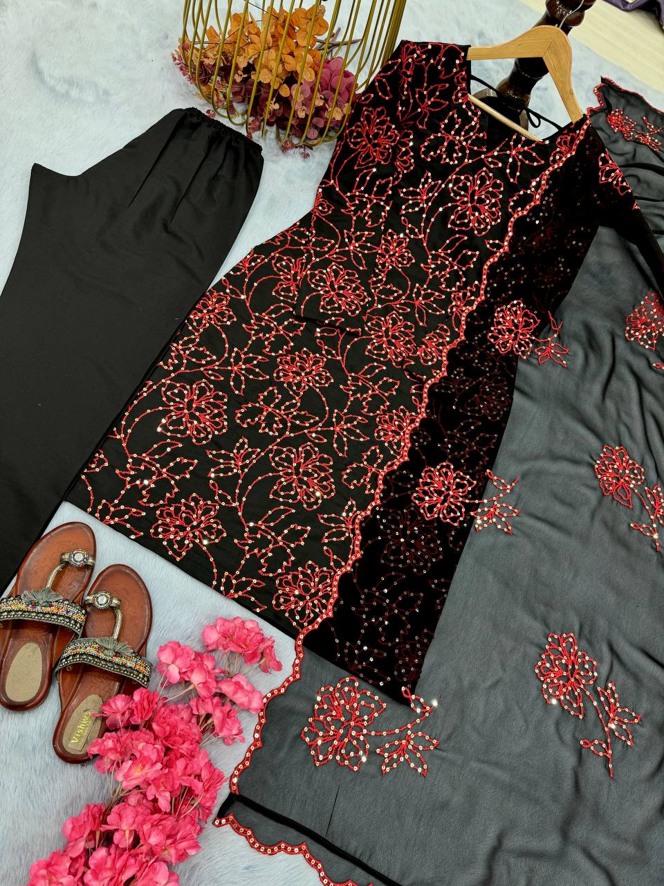 Black Premium Roman Silk Embroidered Suit Set with Cutwork Georgette Dupatta ClothsVilla