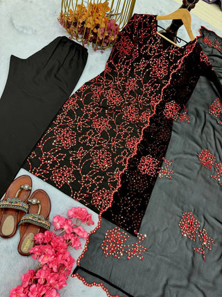 Black Premium Roman Silk Embroidered Suit Set with Cutwork Georgette Dupatta ClothsVilla