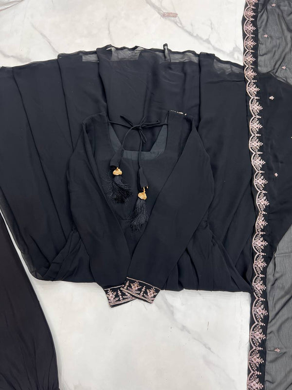 Black Premium Soft Fox Georgette Fully Flared Anarkali Set with Dupatta & Pant Clothsvilla