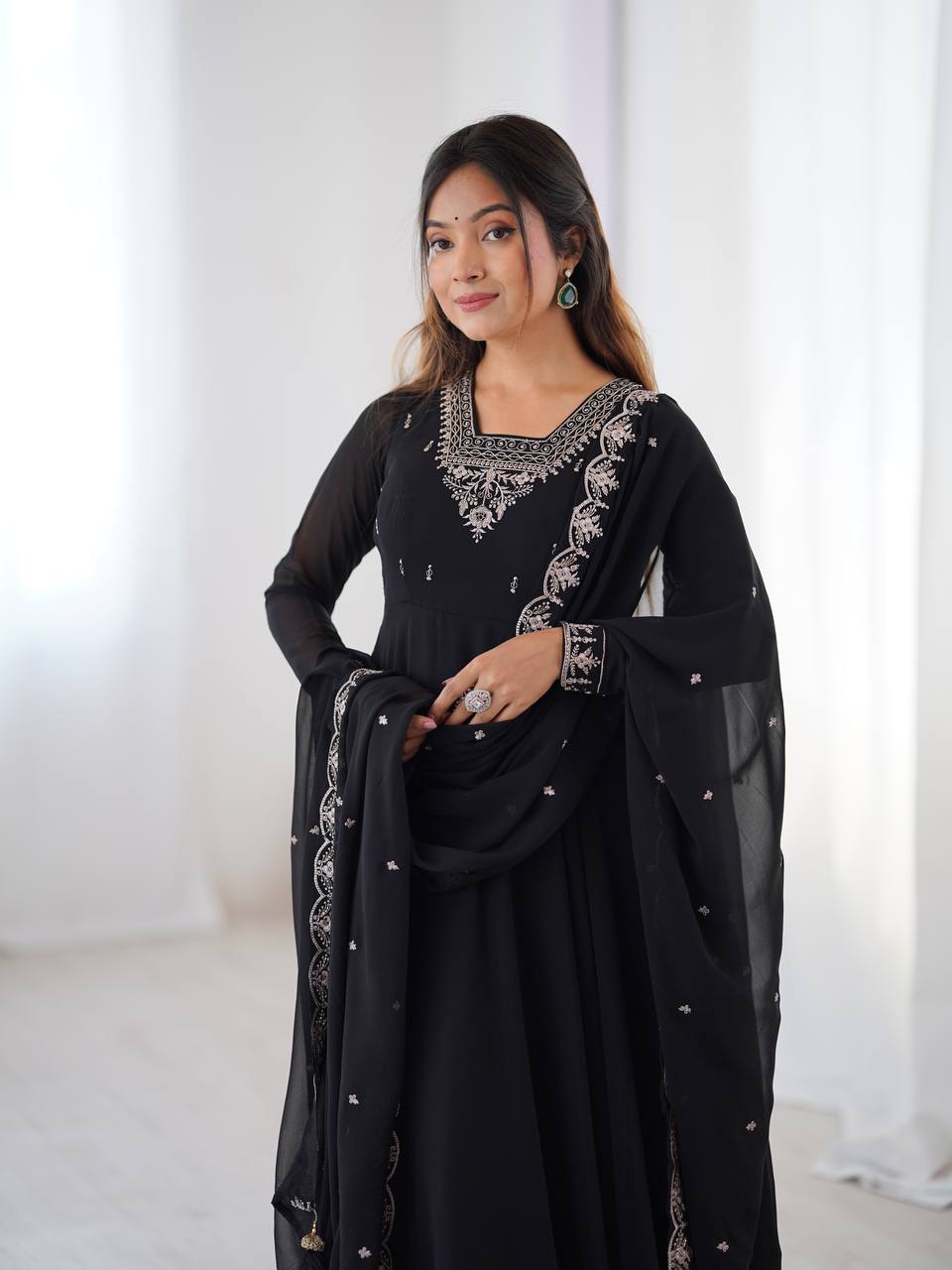 Black Premium Soft Fox Georgette Fully Flared Anarkali Set with Dupatta & Pant Clothsvilla