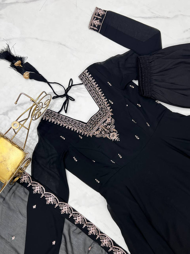 Black Premium Soft Fox Georgette Fully Flared Anarkali Set with Dupatta & Pant Clothsvilla