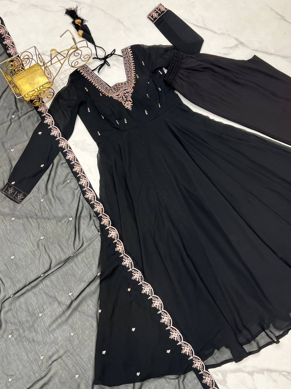 Black Premium Soft Fox Georgette Fully Flared Anarkali Set with Dupatta & Pant Clothsvilla