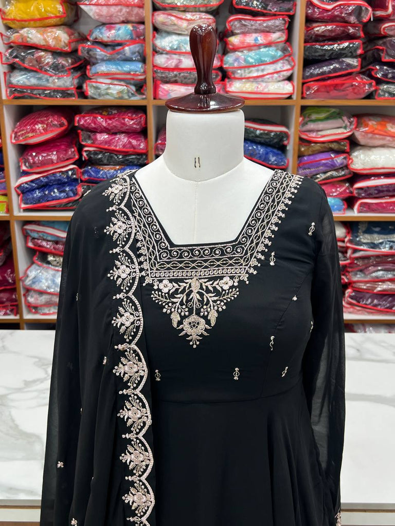 Black Premium Soft Fox Georgette Fully Flared Anarkali Set with Dupatta & Pant Clothsvilla