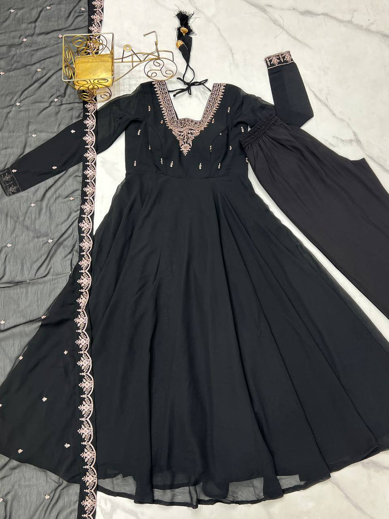 Black Premium Soft Fox Georgette Fully Flared Anarkali Set with Dupatta & Pant Clothsvilla