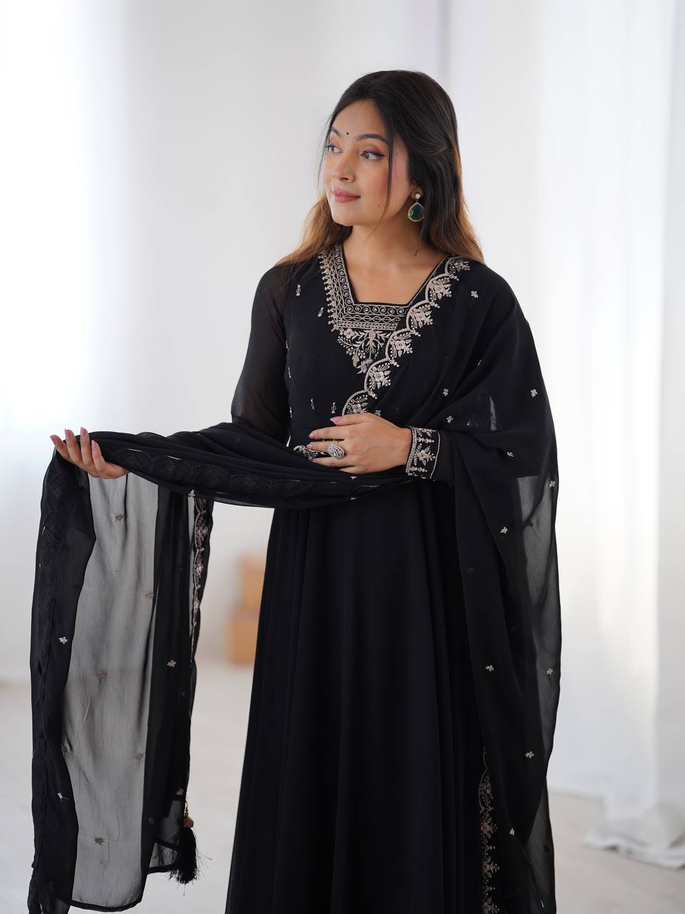 Black Premium Soft Fox Georgette Fully Flared Anarkali Set with Dupatta & Pant Clothsvilla