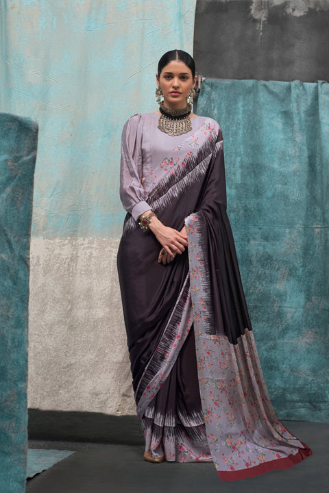 Black Printed Chanderi Crepe Saree with Unstitched Blouse ClothsVilla Main image