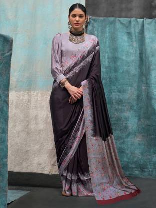 Black Printed Chanderi Crepe Saree with Unstitched Blouse ClothsVilla