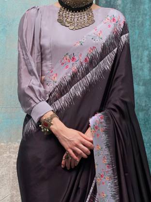 Black Printed Chanderi Crepe Saree with Unstitched Blouse ClothsVilla