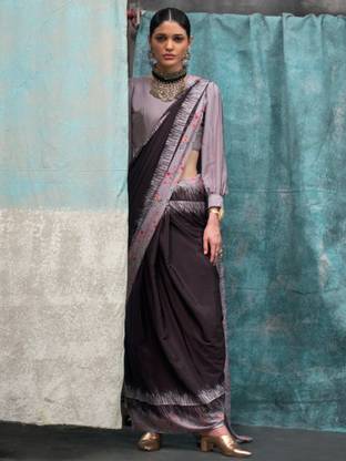 Black Printed Chanderi Crepe Saree with Unstitched Blouse ClothsVilla