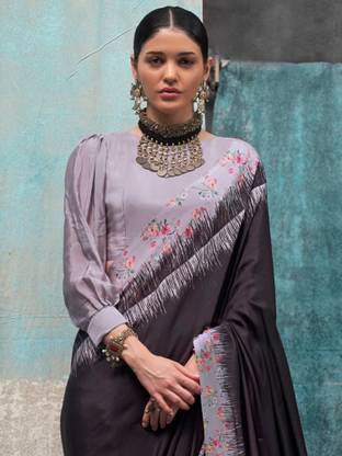 Black Printed Chanderi Crepe Saree with Unstitched Blouse ClothsVilla