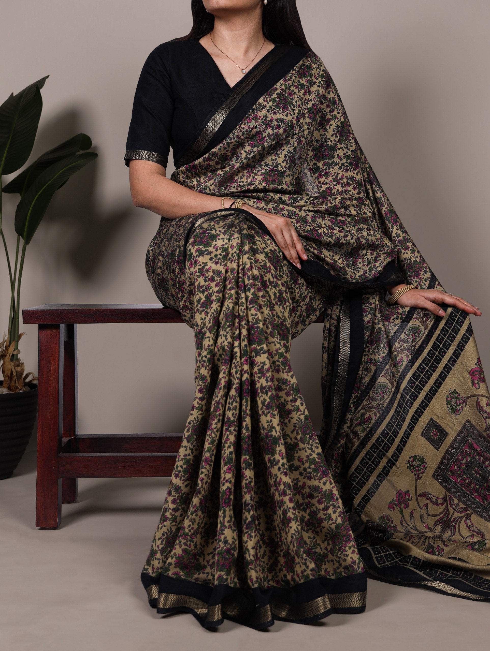 Black Printed Chanderi Polyester Viscose Saree with Zari Weaving Work & Unstitched Blouse — Festive & Traditional Party Wear Saree for Women ClothsVilla Main image