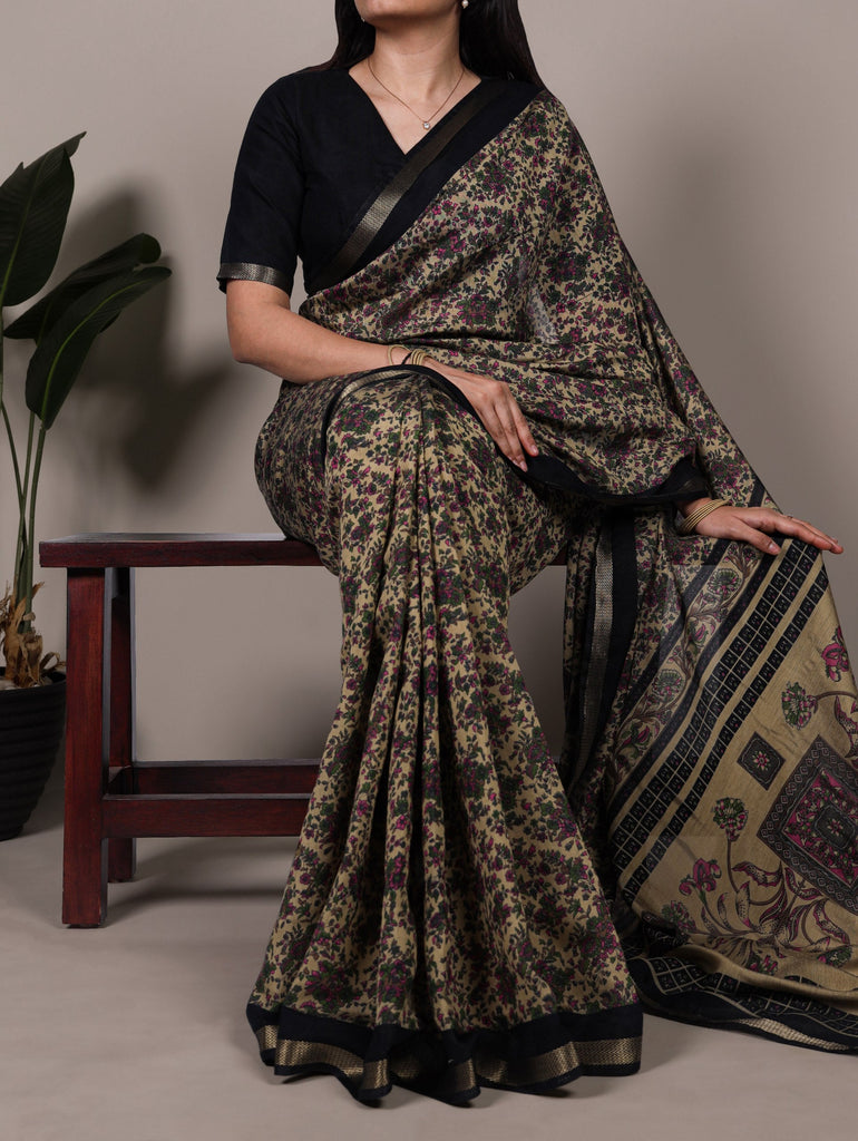 Black Printed Chanderi Polyester Viscose Saree with Zari Weaving Work & Unstitched Blouse — Festive & Traditional Party Wear Saree for Women ClothsVilla